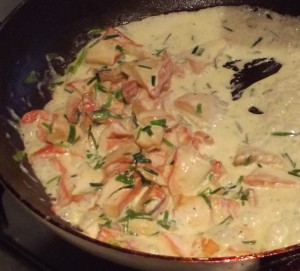 Chicken of the woods, with chives and double cream.